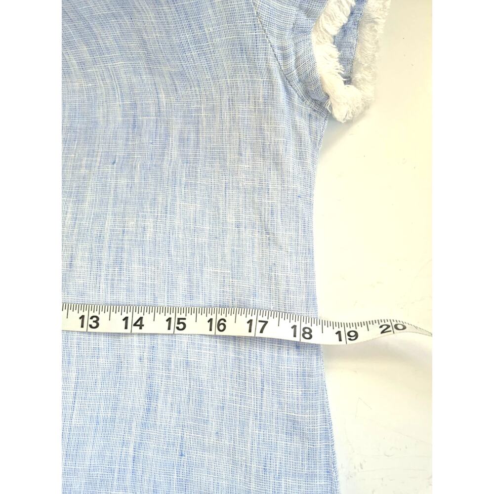 French Curve Linen Dress Sz S Lt Blue Short Sleeve Fringe Coastal Cowgirl Boho - Picture 7 of 8